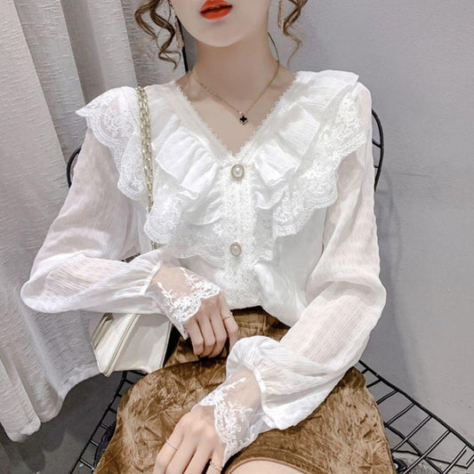 Women Summer Petal Sleeve Hollow Out Flower Lace Patchwork Shirt Slim Elegant Female Versatile Blouse Chic Button Top