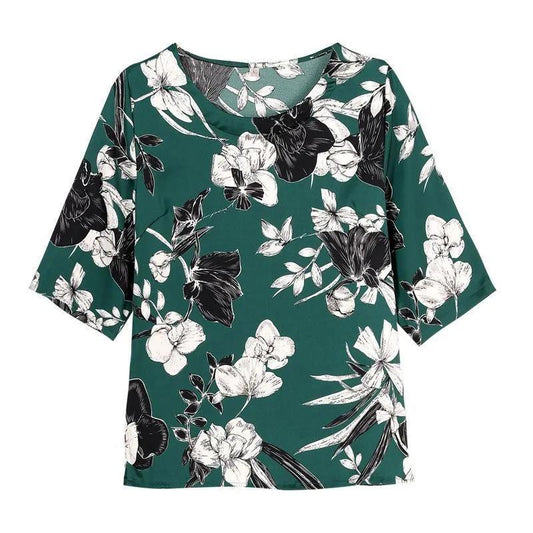 Summer Ice Silk T-shirt Large Size Loose Belly Cover Top Round Neck Short-sleeved Loose Casual Printing T-shirt Women's Casual Top