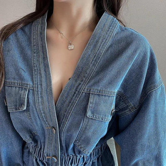 Denim Jacket Women's Spring and Autumn Loose All-match Waist Short Jacket with Diamonds