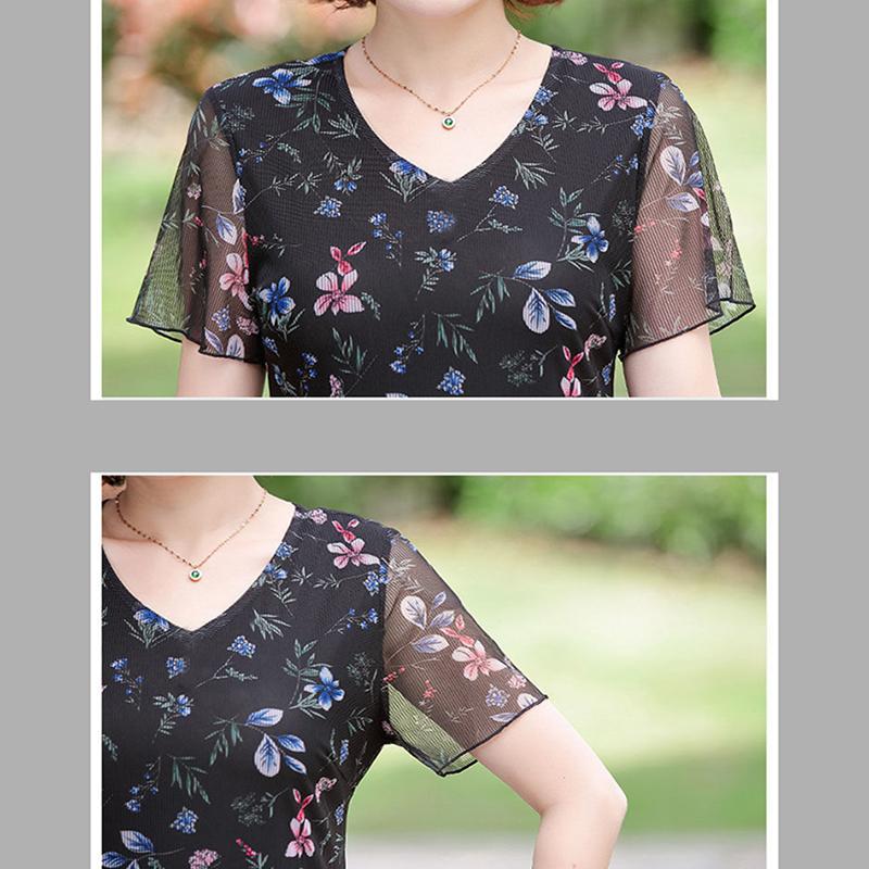 Summer Chiffon Mid-length Plus Size Printed Floral Over-the-knee Dress V-Neck Short Sleeve Elastic Waist