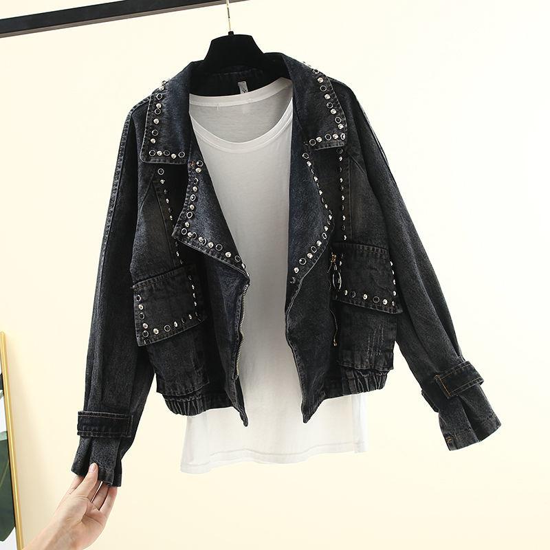 Spring and Autumn Korean Version Loose Large Size Student Beading Retro Motorcycle Denim Jacket Female Jacket