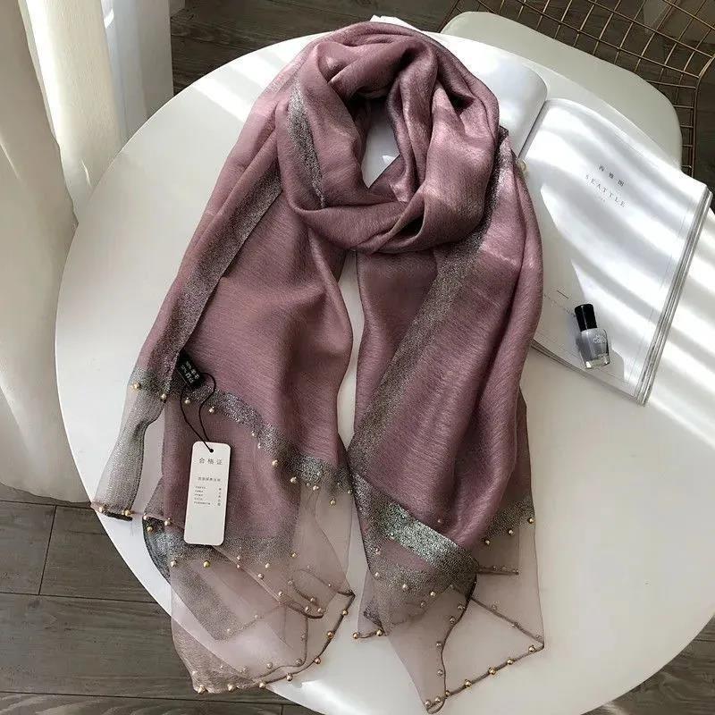 Women's Boutique Silk Scarf Mulberry Silk Scarf Warm Autumn and Winter Shawl Scarf Embroidered Gauze Scarves Pearl Hem Decor Neckerchief Solid Shawl