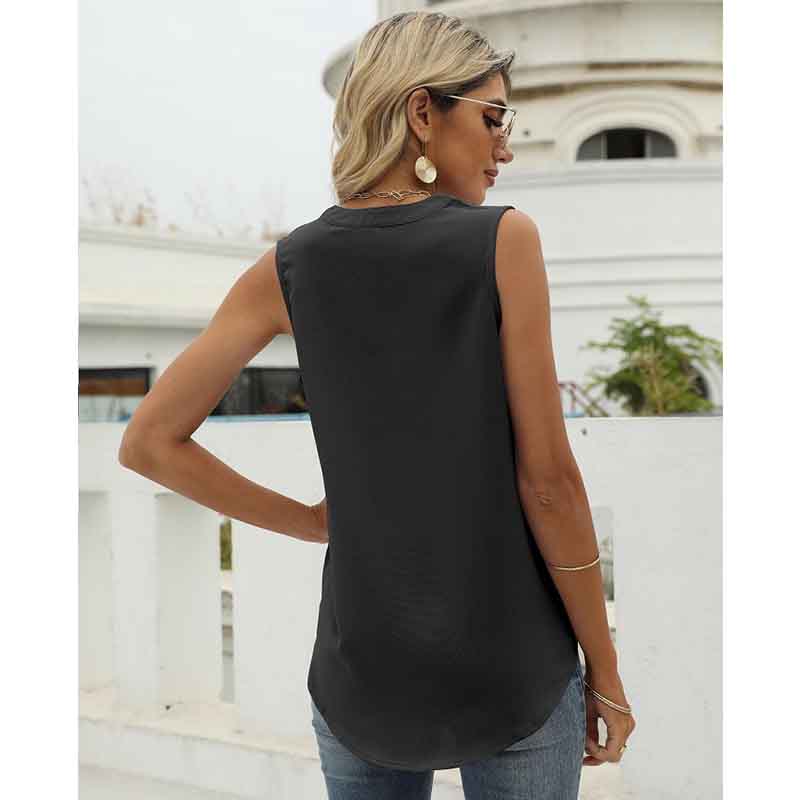 European and American Shirt Women's Spring and Summer Solid Color Chiffon Shirt Loose V-neck Pullover Sleeveless Top Vest