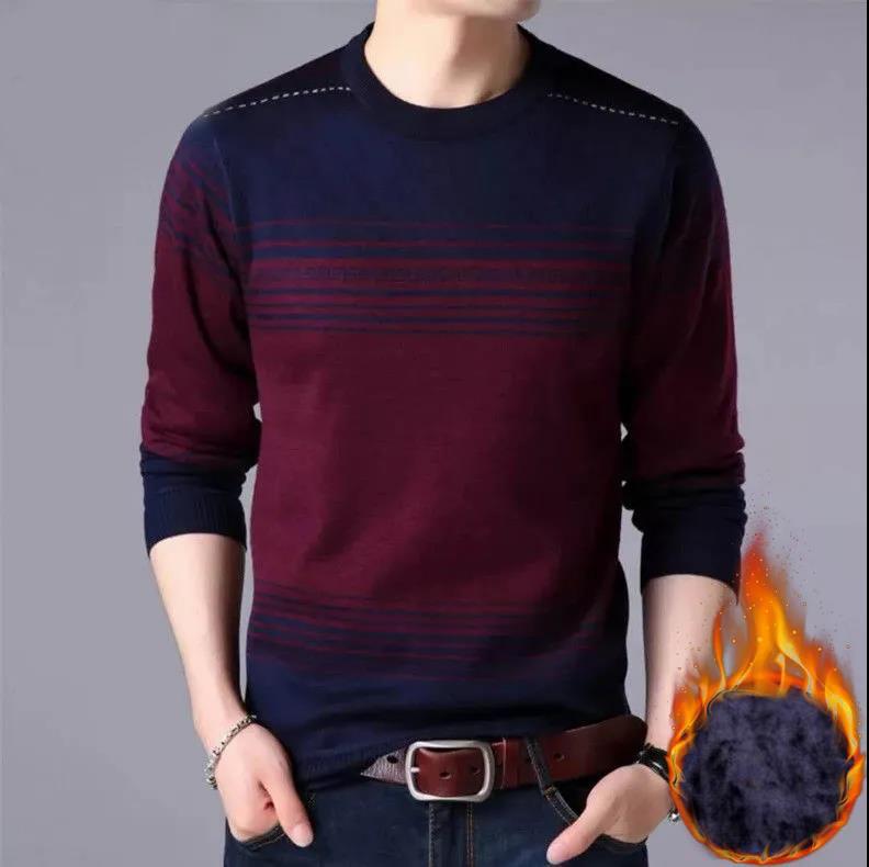 WTEMPO Men Pullover Cashmere Padded Warm Shirt Round Neck Striped Shirt Winter Soft and Comfortable Pullover