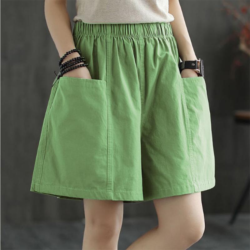 Cotton Shorts Women Loose High Waist Wide Leg Summer Straight Casual Cool Comfortable Elastic Waist Big Pocket Pure Color Simplicity