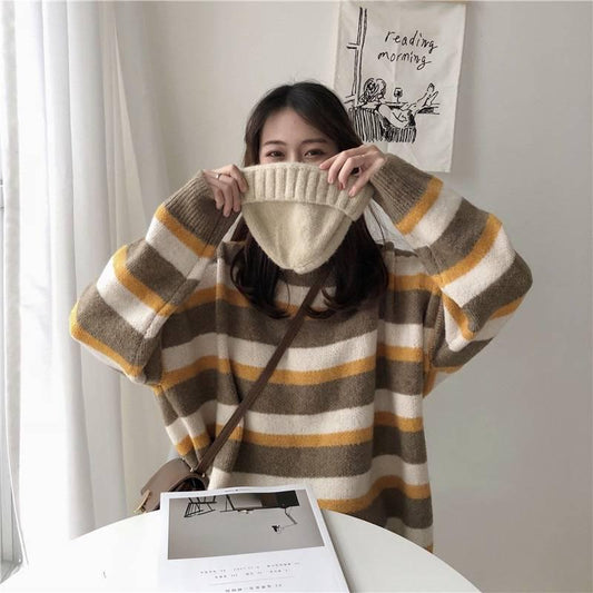 Pofulove  Hit Color Striped Sweater Women Korean Lazy Loose Was Thin Bottoming Sweater Fashion