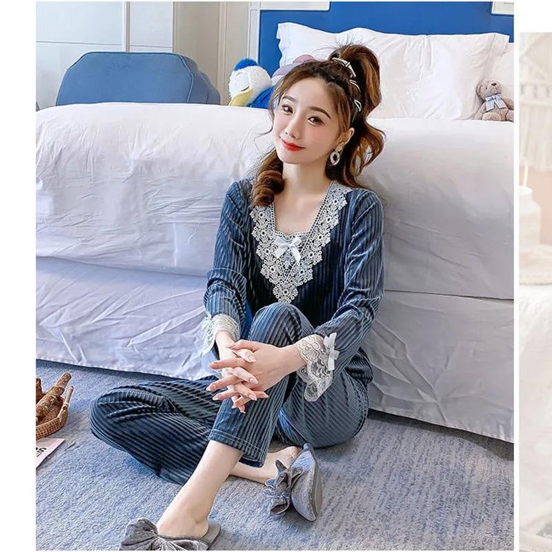 Winter Large Size Gold Velvet Pajamas Set Women's Lace Long-sleeved Sweet Home Wear Two-piece Loose Striped Square-neck Sleeping Suit