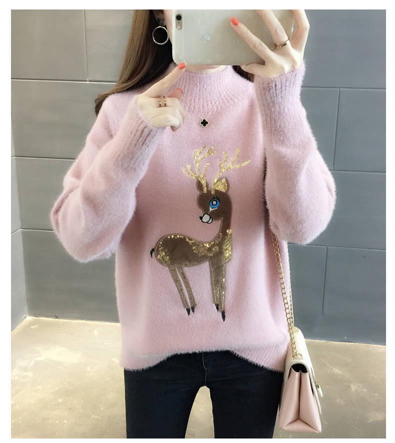 Pofulove Faux Mink Plus Velvet Thick Half Turtleneck Christmas Sweet Pullover Sweater Women Loose Autumn Winter Warm