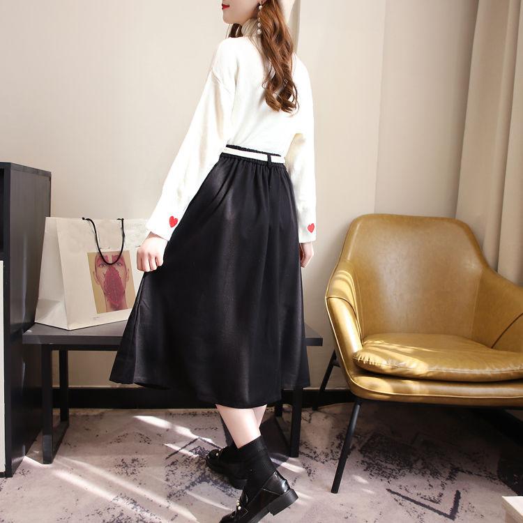 Thin Women Turtleneck Pullover+Black Woolen Skirt Two Piece Knitted Bottoming Skirt Set Top