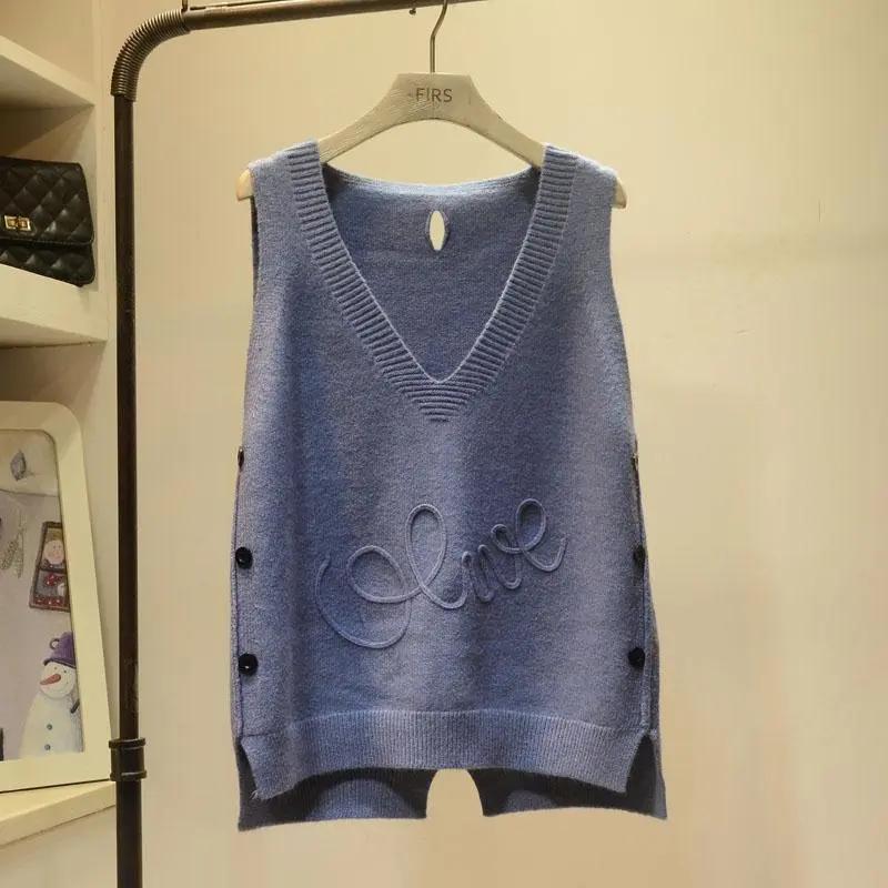 V-neck Knitted Sweater Women's Loose Button Sleeveless Sweater Vest Outside with Vest Spring and Autumn Korean Version All-match Top Lazy Style Vest