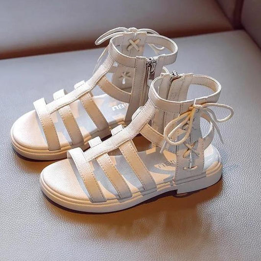 Girls Sandals Girls Summer Soft Sole Low Heel Roman Hollow Beach Sandals Anti-slip Solid Color Casual Princess Light Sandals