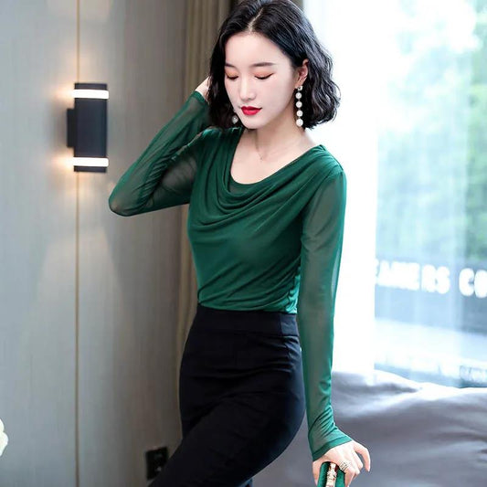 Bottoming Shirt Women's Thin Spring and Autumn Mesh Top Fashion Small Shirt Slim Slim T-shirt Long Sleeve