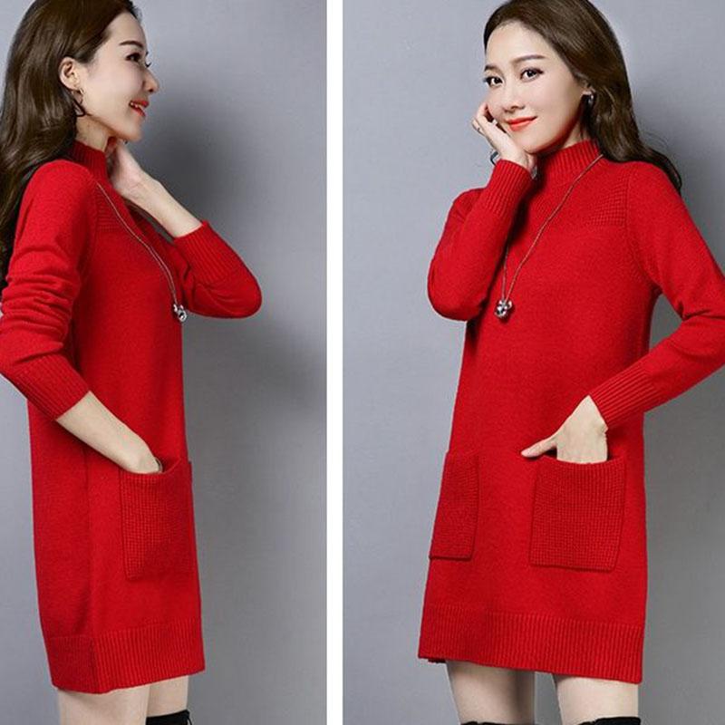 Autumn and Winter Half High Neck Pullover Sweater In The Long Section Loose Thick Bottoming Shirt Simple Solid Color Women's Sweater Dress