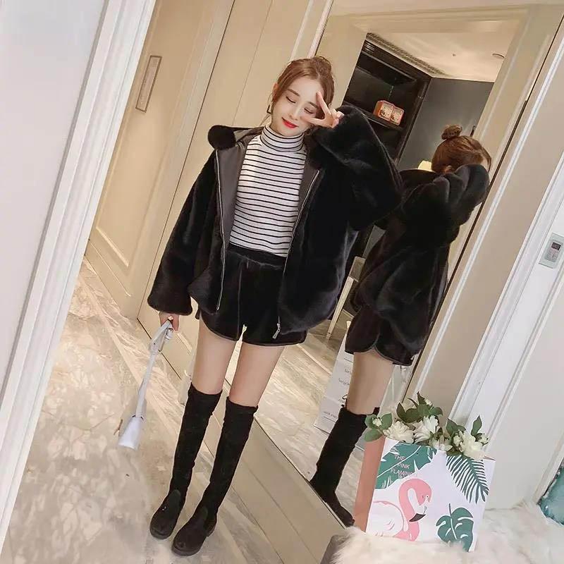 Fall/winter Imitation Mink Woolen Coat Loose Casual Hooded Thick