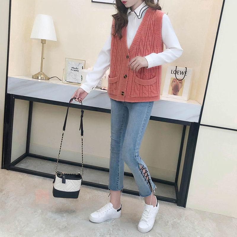 Autumn and Winter Knitted Cardigan Vest with Sleeveless Solid Color Jacket Fashion Casual Women Sweater