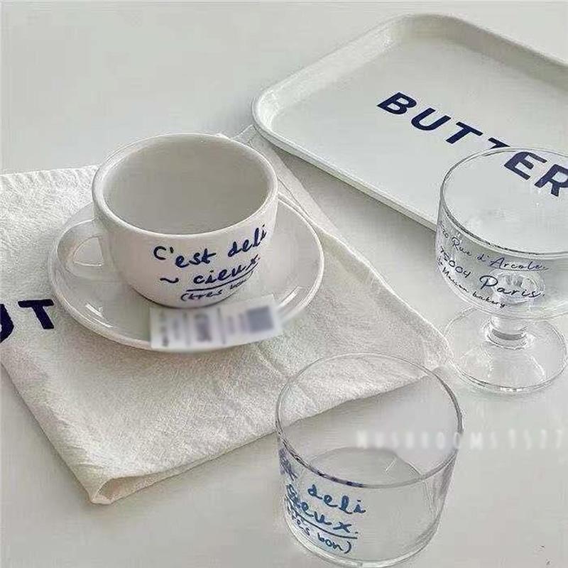 Korean Style Niche Coffee Shop Simple Blue Letter Ceramic Mug and Saucer Set French Retro Romantic Coffee Cup Milk Cup