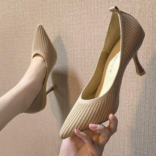 Flying Woven Single Shoes Women Spring and Autumn Pointed Toe Breathable High Heels All-match Nude High Heels Stiletto Shoes