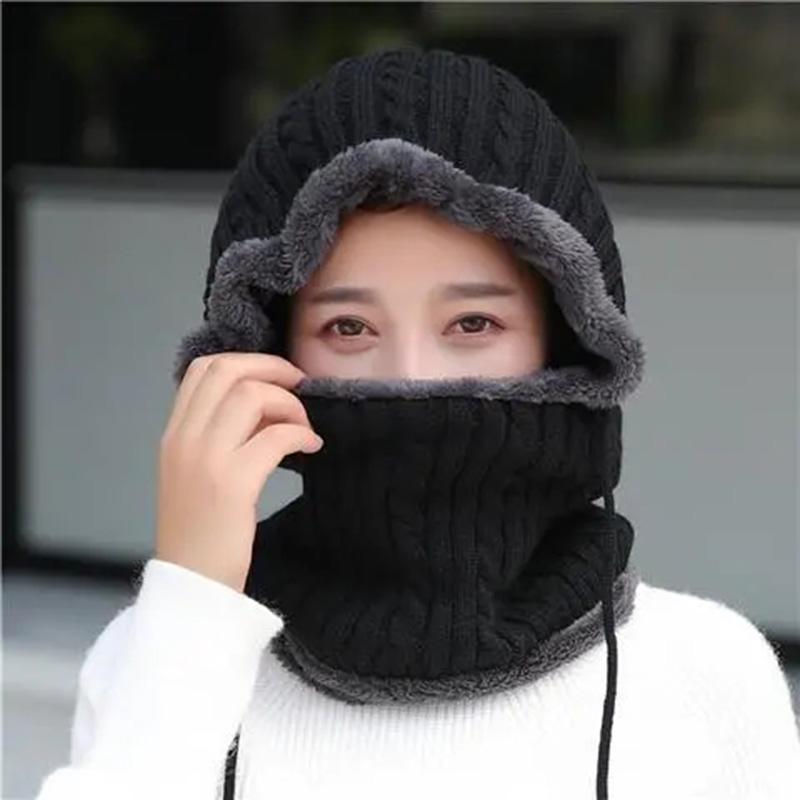 Women's Knitted Winter Hats Warm Skullies Beanies Pompoms Winter Caps for Women Winter Thick Beanies Caps One Piece Scarf Hats Set Facial Protection