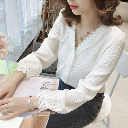 Chiffon Shirt Women's Long-sleeved Spring and Autumn Wear V-neck Shirt Women's Business Wear Shirt Suit with Casual Lady Elegant