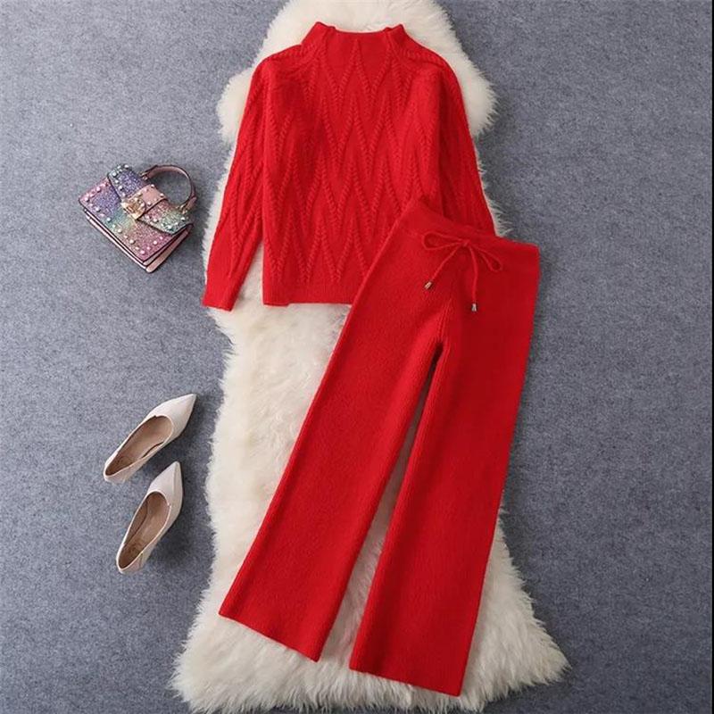 Autumn and Winter Light Mature Style Women's Knitted Pullover Sweater + High-waist Loose Wide-leg Pants Two-piece Suit