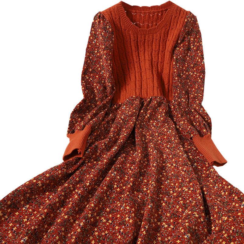 Autumn and Winter Women's Dress Stitching Knitted Long dress A-line Corduroy Floral Dress