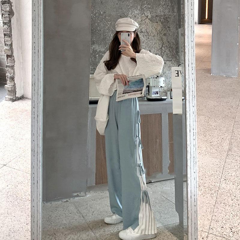 Fat Girl Casual Straight Pants Spring and Autumn Loose and Thin Large Size 200 Kg Casual Straight-leg Pants Pleated Lace-up Wide-leg Pants Women