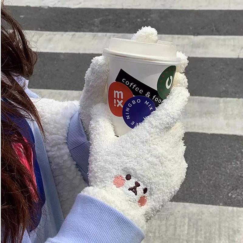 Women's Plush Cute Cartoon Gloves Winter Warm Plus Velvet Thick Embroidery Five Fingers Mittens Outdoor Cycling Cotton Gloves Windproof Soft Gloves