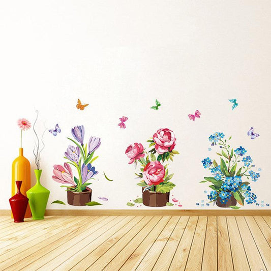 Hand-painted potted plants removable colorful flower waterproof wall sticker nature scene wallpaper