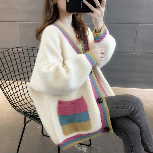 Women's Sweater Coat Autumn and Winter Color Matching Sweater Cardigan Loose and Lazy Wind Mid-length Knitted Cardigan Top