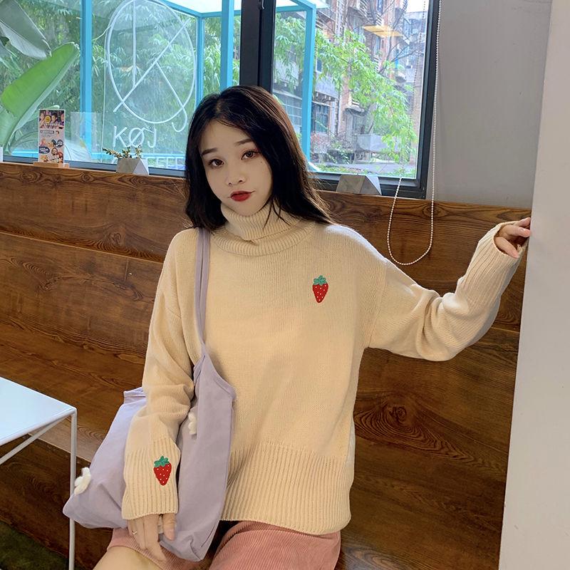 Autumn and Winter Fashion Loose Jacket Strawberry Embroidery Turtleneck Top Sweet Style Cute Female Sweater