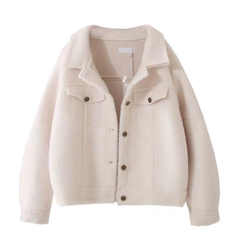 Autumn and Winter Lambskin Thin Short Cardigan Suede Woolen Thick Coat Cotton-padded Jacket Women