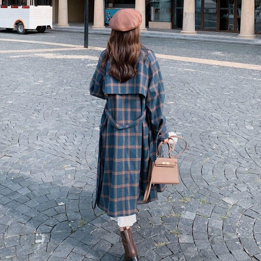 Autumn Winter Women Fashion Long Coats Vintage Plaid Female Loose Windbreaker Casual Street Lady Jackets Outwears