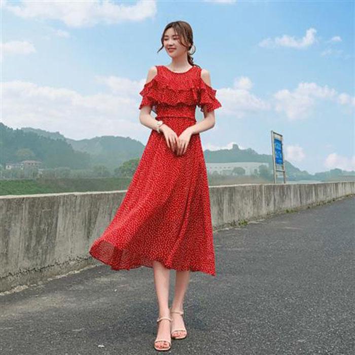 Pofulove Women Red Polka Dot Chiffon Dress Slim Long Strapless Dress Below The Knee Thin Dresses