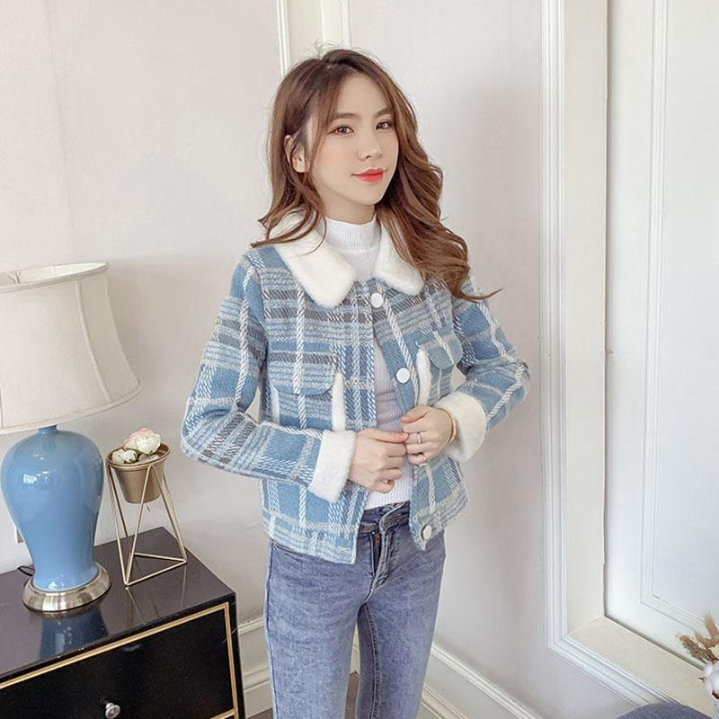 Winter Korean Style Plaid Fur Collar Casual Loose Jacket Women Fashion All-match Straight Short Top