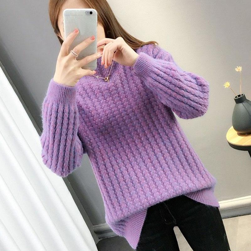 Sweater Women's Half Turtleneck Pullover Knitwear Korean Style Loose Fluffy Trending Sweater Autumn and Winter Purple Sweaters