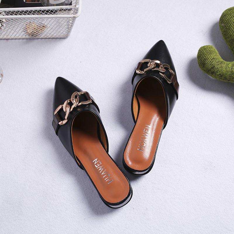 Plus Size Women Slippers Outdoor High Heels Non-slip Office Lady Pointed Toe Leather Sandals