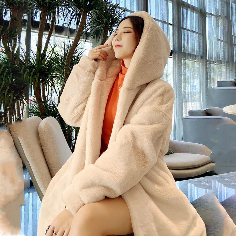 WTEMPO Winter Imitation Mink Thick Fur Fur Loose Coat Mid-length Hooded Women