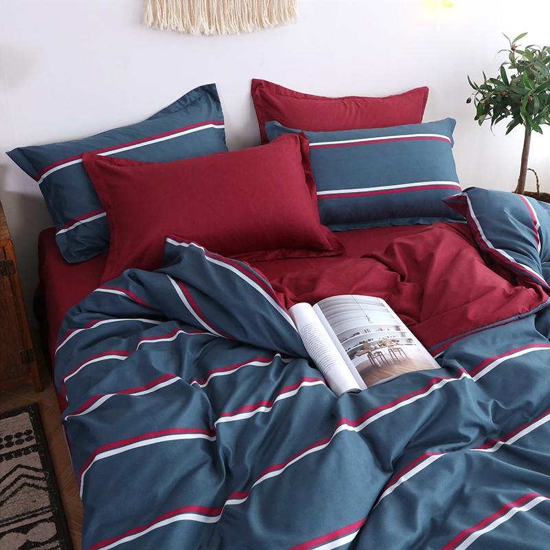 WTEMPO Stripe Print Home Textiles Simple 3/4pcs Bedding Sets Cotton Quilt Cover Bed Sheet and Pillow