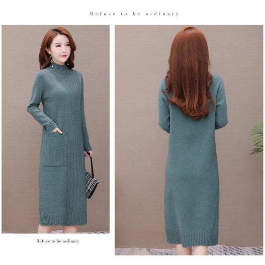 Long Sweater Dress Woman Turtleneck Super Chic Long-sleeve Warm Knit Dress Ladies Clothing