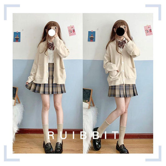 Homemade core-spun yarn v-neck JK uniform with sweater coat knitted cardigan loose lantern sleeve female autumn