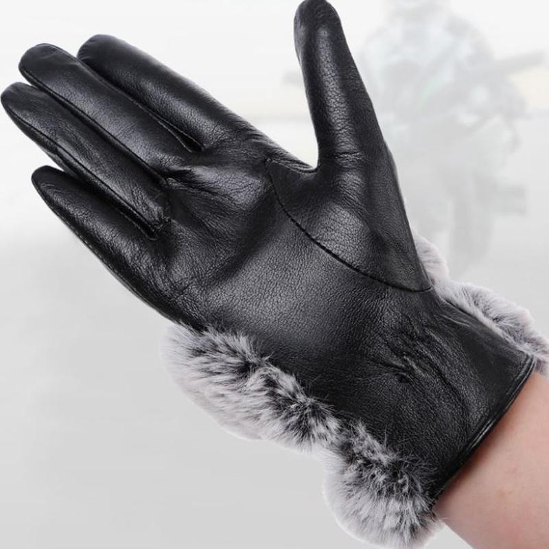 Genuine Leather Ladies Gloves for Autumn and Winter Riding Warm Rex Rabbit Fur Plus Suede Leather Gloves