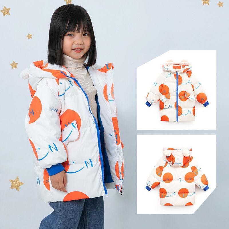 Girls White Duck Down Warm and Windproof Down Jacket Mid-length Cartoon Winter Thick Hooded Children's Clothing