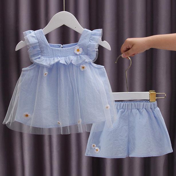 2PCS Children Clothing Set Spring Summer Girls Suits Embroidery Sleeveless Tops + Pants Clothing Set