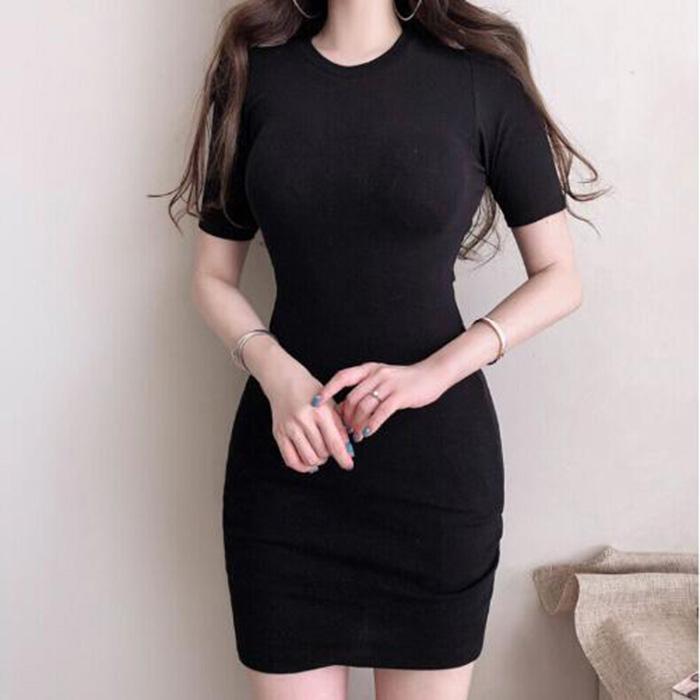 Pofulove Women Plus Size Sexy Skinny Dress O-neck Bag Hip Short Sleeve Dress Bottoming Dresses