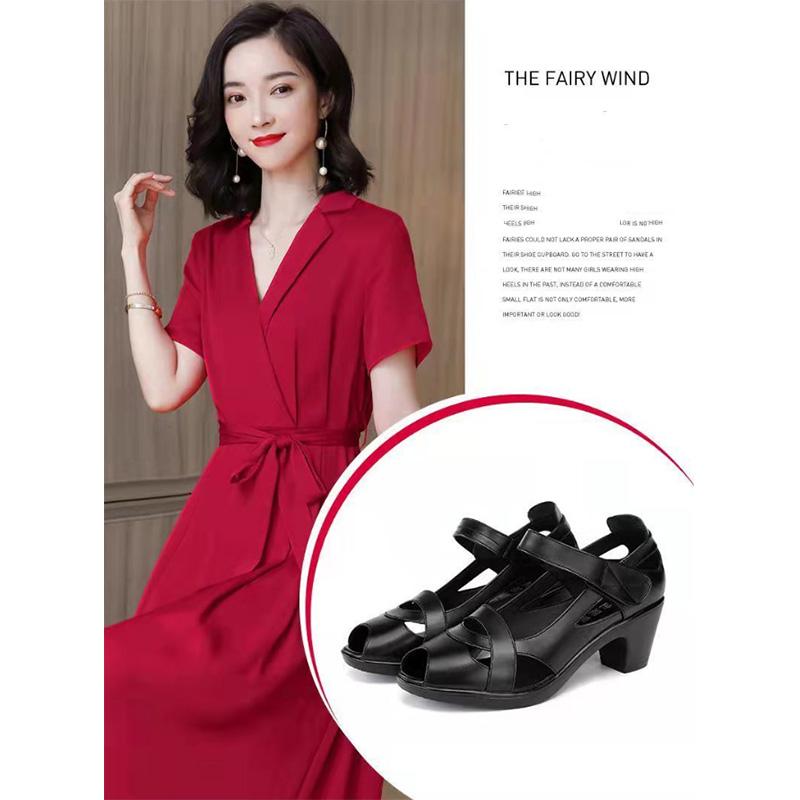 Real Soft Leather Sandals Women Middle-aged and Elderly Mother's Shoes Soft-soled Middle-heeled Thick-heeled Fish Mouth Shoes