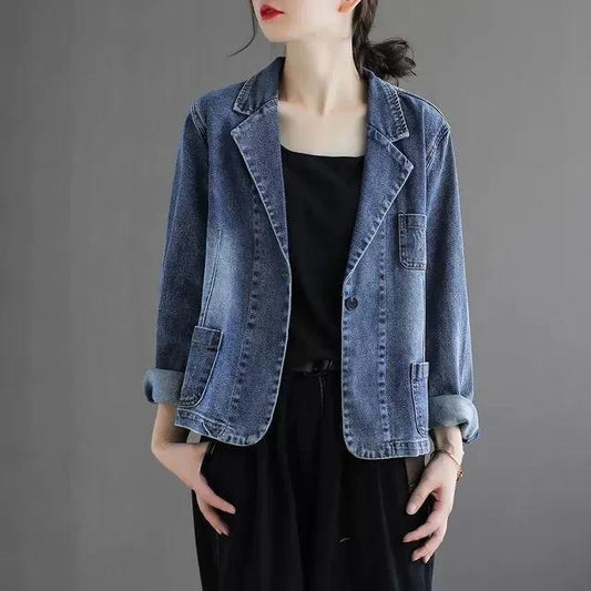 Denim Suit Jacket Women's Spring and Autumn Literary Retro Denim Top Loose Casual Jacket