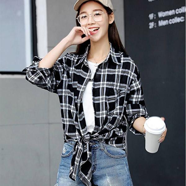 Bow Striped Retro Plaid Long Sleeve Shirt Women's Loose Large Size Mid Length Cardigan Shawl