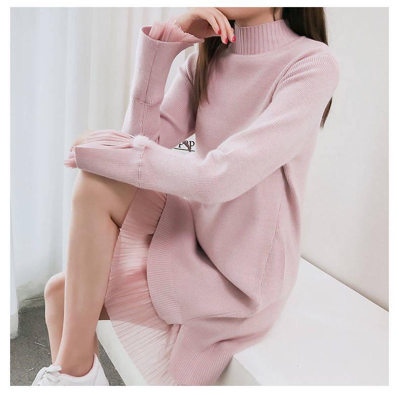 Pofulove Long Section Chiffon Bell Sleeve Sweater Dress Sweet Solid Color Jumper Knitwear Skirt