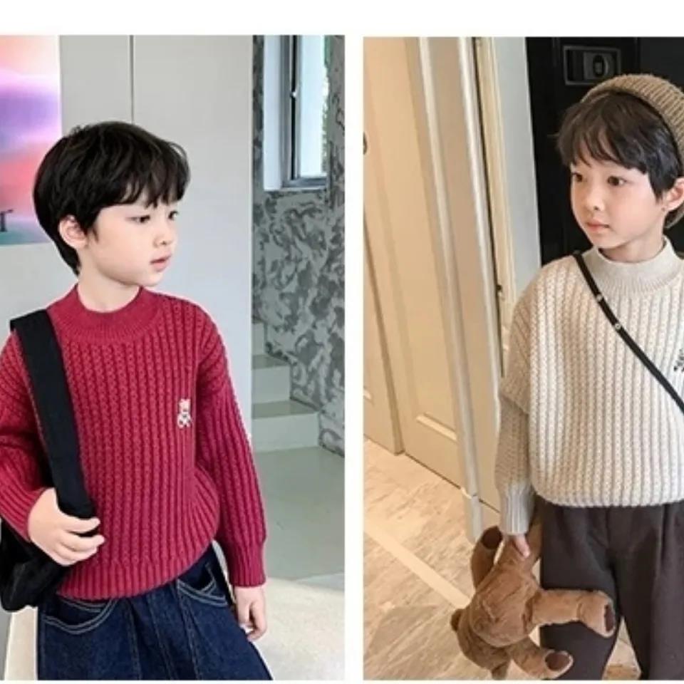 Boys' Sweaters Thickened Autumn and Winter Models of Bears, Big Children's Plus Velvet Turtleneck Pullovers, Girls' Tops