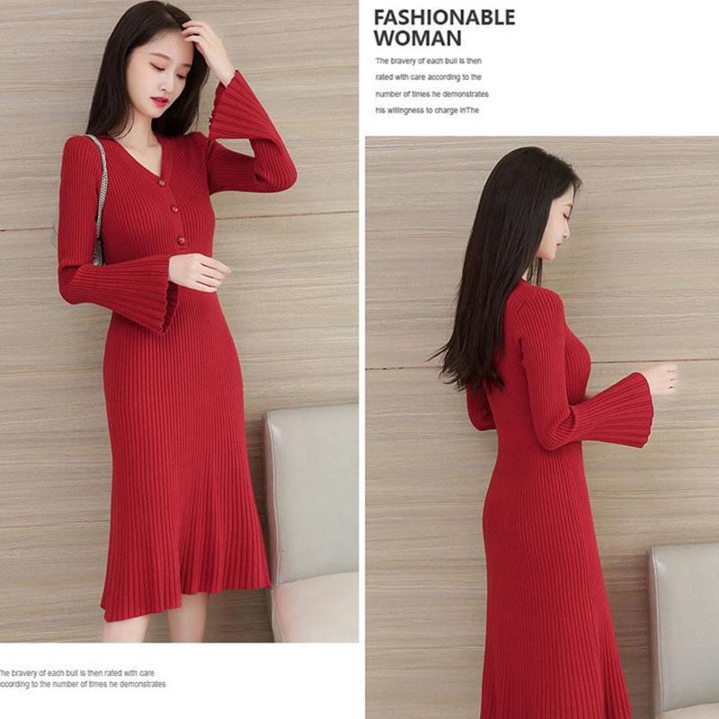 Autumn and Winter V-neck Knitted Dress Thick Flared Sleeve Tight-fitting Base Dress Mid-length Over The Knee Women's Sweater Dress